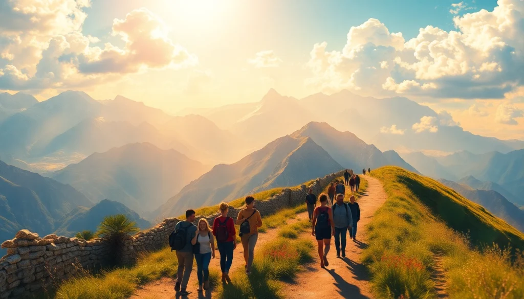 Diverse travelers embarking on a journey, embodying the spirit of exodus through sunlit mountains.