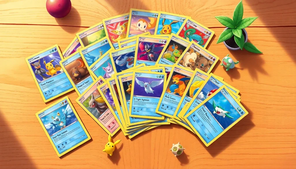 Showcase Real Pokémon cards displayed artistically on a rustic table, surrounded by playful Pokémon figurines.