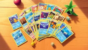 Showcase Real Pokémon cards displayed artistically on a rustic table, surrounded by playful Pokémon figurines.