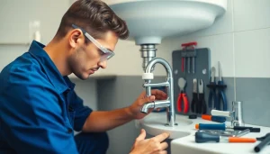 Plumbing expert connecting pipes while installing a new sink in a modern bathroom.
