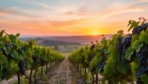 Visit Sacramento Wineries with scenic vineyards and ripe grapes bathed in warm sunset light.