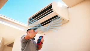 Technician performing AC repair phoenix az service in a bright, modern home setting.