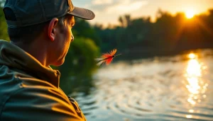 Engaged angler fly fishing for bass at sunset, showcasing technique and serenity.