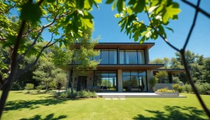 Architekturvisualisierung eines modernen Hauses mit großzügigen Fenstern in einer grünen Umgebung.