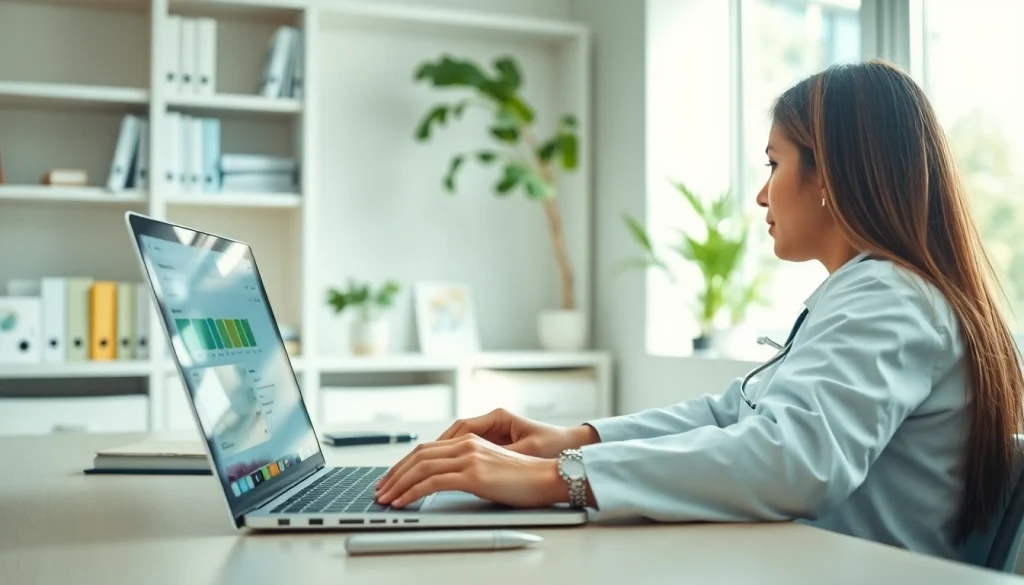 Engaging healthcare professional using eprescribing platforms at a modern clinic for patient care.